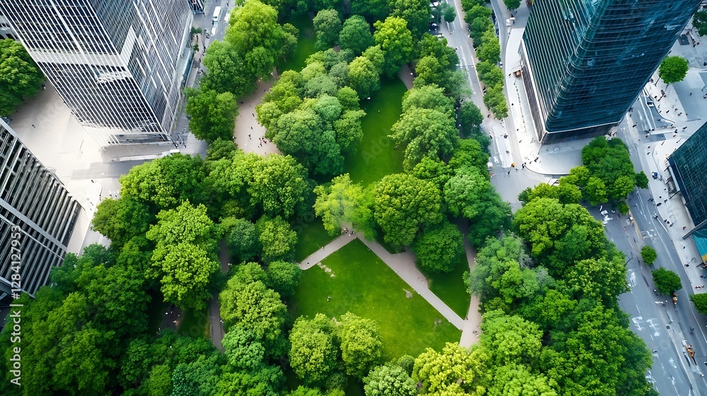 Poster aerial view of a vibrant green urban park surrounded by modern architecture showcasing a harmonious 