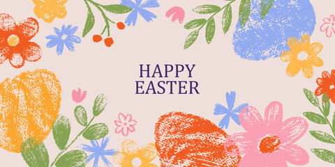 Easter design. Hand drawn cute bunnies, eggs, flowers. Colorful vector spring illustrations. Holiday cards, banners, covers.
