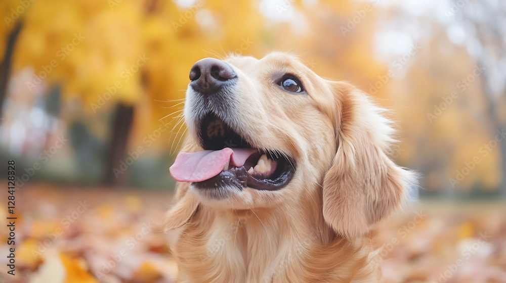 Poster golden retriever dog smiling happily in a colorful autumn landscape : generative ai