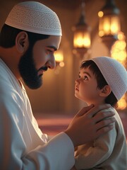 a Father Teaching His Son to Pray in Ramadan
