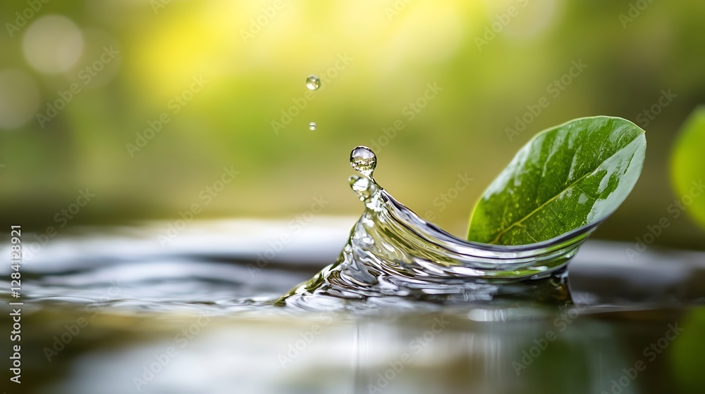 Leinwandbilder close up of a water droplet splashing and creating ripples on a serene surface with green leaves in 