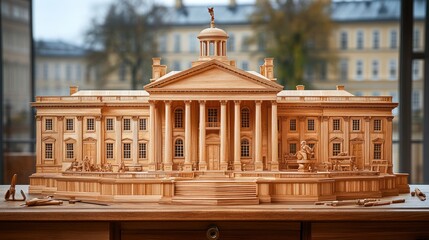 Obraz premium Wooden model building, museum, display, architectural artistry