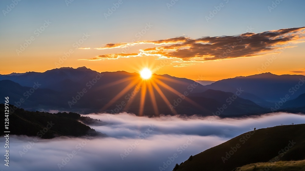 Poster stunning sunrise over the mountains casting a golden glow across the valley shrouded in soft mist an