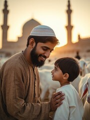 a Father and Son with a Sheep for Eid al-Adha