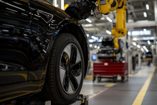 An advanced robotic arm is engaged in assembling a sleek automobile in a modern factory, symbolizing innovation and efficiency in the automotive industry.