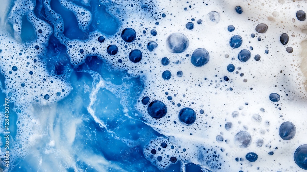 Aufkleber closeup view of vibrant blue soap bubbles mixed with white foam creating an artistic texture : gener