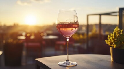 A tall glass of rosé wine on a rooftop terrace with a sunset view. Featuring moderate drinking and urban serenity
