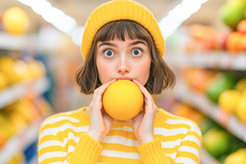 Fototapeta premium Exciting grocery shopping a young woman's fun experience in bright supermarket