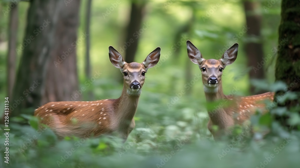 Poster two graceful deer standing together in a lush green forest surrounded by foliage and trees : generat