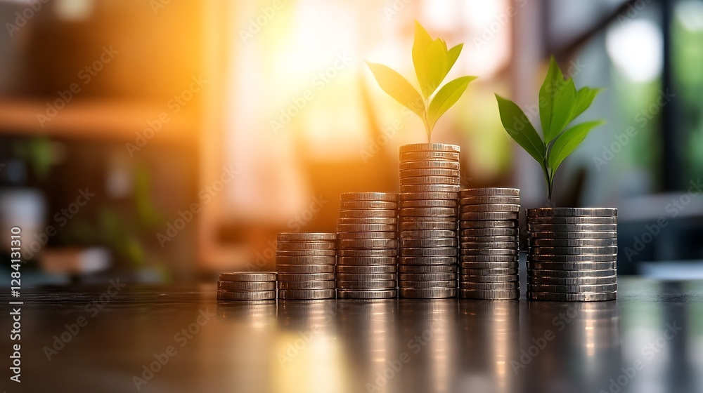 Poster growing stacks of coins with green sprouts symbolizing financial growth and investment in a bright e