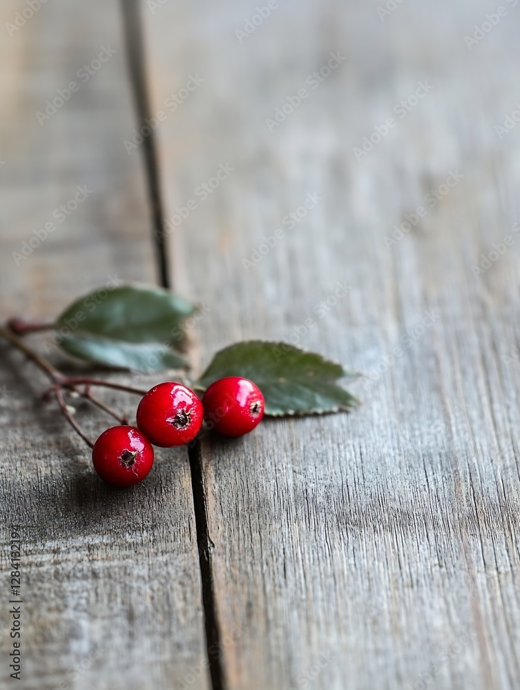 Poster fresh vibrant red berries resting on rustic wood surface with leaves : generative ai