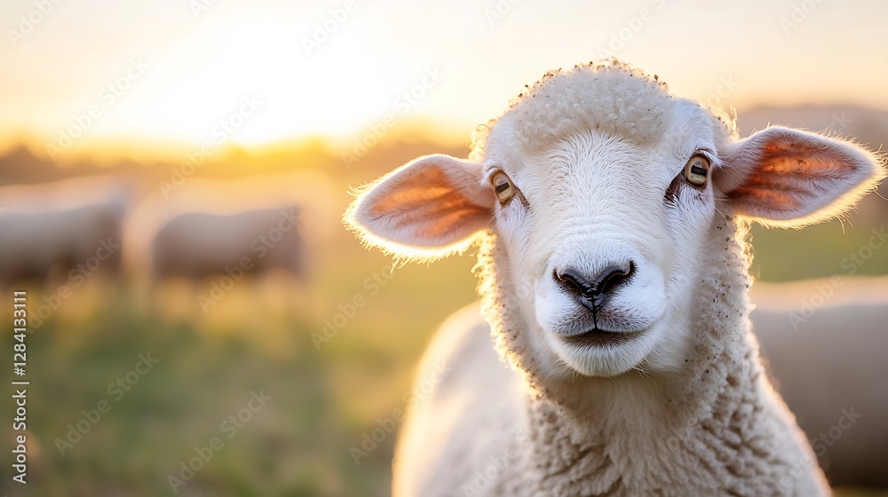 Poster adorable sheep portrait against a beautiful sunset in an open field : generative ai
