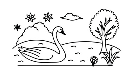 Naklejka premium Simple black and white swan in a serene landscape drawing Adobe Illustrator Artwork