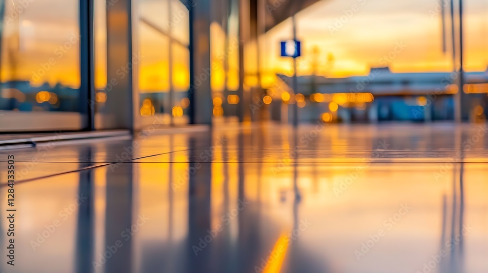 Poster stunning view of reflective floor tiles during sunset at modern airport terminal : generative ai