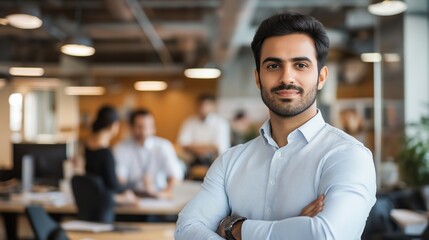 Fototapeta premium An Emirati Arab dressed in a traditional Kandura stands confidently in a contemporary office, showcasing a blend of cultural pride and modern professionalism in a bustling workspace