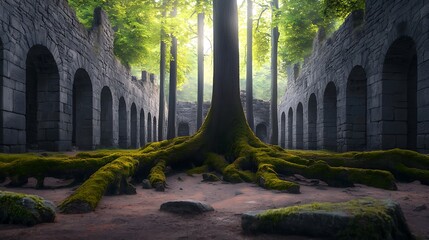 Naklejka premium Majestic tree with sprawling roots in an ancient stone ruin surrounded by vibrant greenery