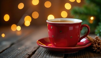 Fototapeta premium A warm and inviting cup of hot cider in a red dotted mug, holiday, christmas lights