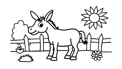 Cute Donkey in a Simple Farm Scene, Perfect for Coloring Books Adobe Illustrator Artwork