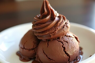 Chocolate ice cream scoop drizzled with velvety chocolate sauce, topped with chocolate shavings.