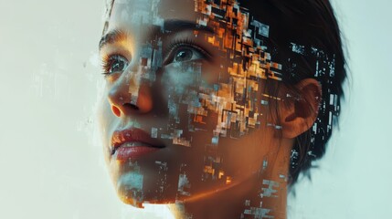 Futuristic portrait of young asian female with digital glitch effect overlay