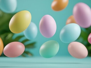 Dreamy garden tower interior with oversized pastel Easter eggs floating in soft golden light