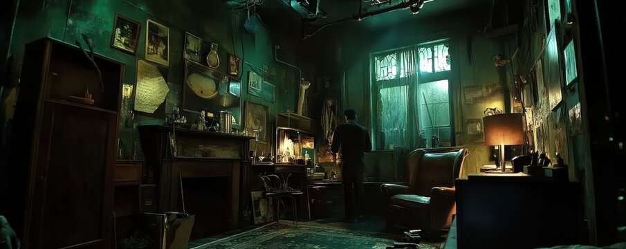 Solitary man in vintage room with artifacts and dim lighting