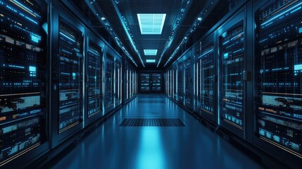 Interior view of a data center with servers and blue lighting