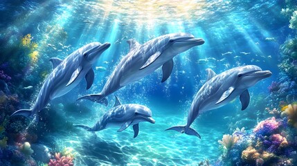 Naklejka premium A vibrant underwater scene featuring dolphins swimming among coral reefs.
