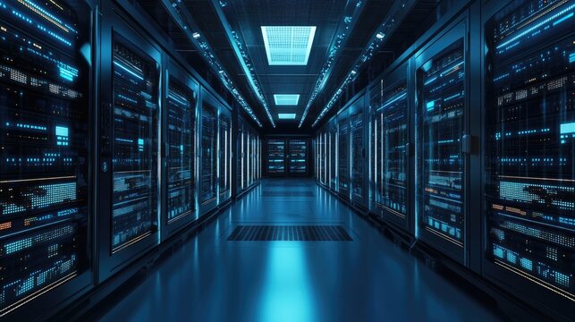 Interior view of a data center with servers and blue lighting