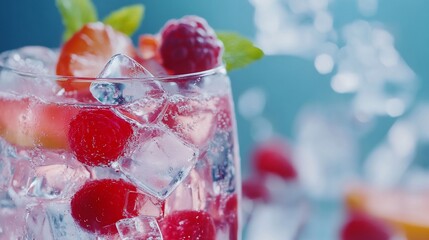 Refreshing Raspberry and Strawberry Infused Water with Ice Cubes Close Up