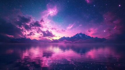 Starry, Pink Sunset Over Misty Mountains Reflecting on Calm Lake