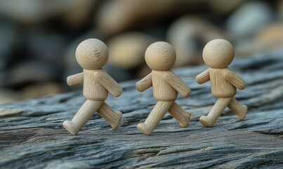 Wooden figurines engage in jogging on a natural log, showcasing a healthy exercise routine outdoors