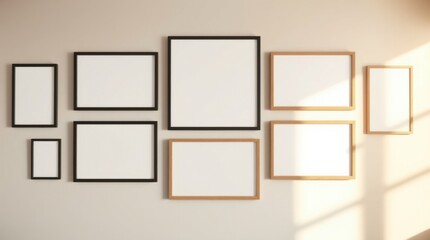 Gallery wall with empty picture frames in varying sizes and colors hang on a light colored wall.