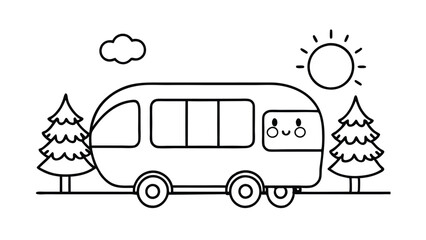 Cute Cartoon Camper Van in a Forest Setting, Ready to be Colored Adobe Illustrator Artwork