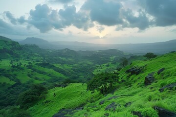 Naklejka premium An amazing sunset skyline view with valleys and rolling hills covered in lush greenery, Generative AI.