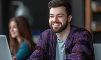 Students actively participate in a virtual classroom, collaborating in a bright, modern space filled with technology