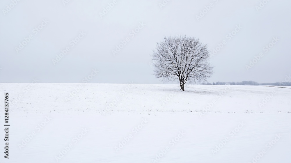 Poster Minimalist landscape featuring a single tree in a vast white snow field creating a stark winter scene : Generative AI