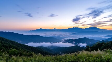 Fototapeta premium Breathtaking panoramic view of misty mountain landscape during sunrise showcasing nature's stunning beauty : Generative AI