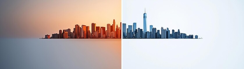 Obraz premium A stunning skyline split between sunset and sunrise, showcasing city life at both ends.