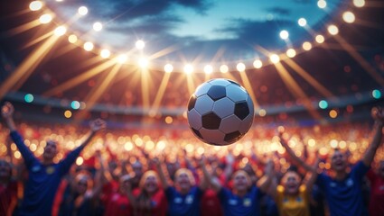 A soccer ball hovers above a vibrant stadium, where passionate fans cheer under bright lights.