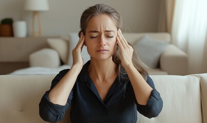 A young woman sits on a beige sofa, eyes closed and pressing her temples, clearly in discomfort from a migraine at home