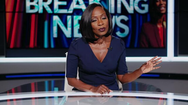 A news anchor in a studio, captured from a front-facing angle, delivering breaking news. The video backdrop displays vibrant graphics.