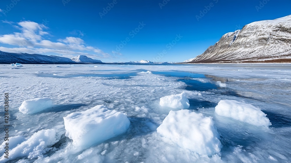 Poster expansive arctic landscape featuring floating ice and snowcovered mountains under clear skies : gene