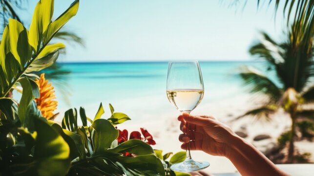 Moderate drinking at a beachside terrace with tropical plants and ocean view. Featuring relaxation and vacation