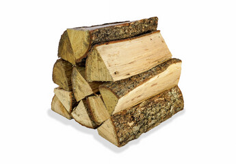Pile of cut oak fireplace wood on a white background