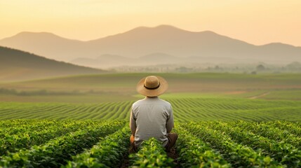 Fototapeta premium Farmer in Straw Hat Overlooking Lush Green Fields at Sunset