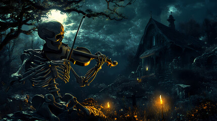 Skeleton playing violin by candlelight in a spooky graveyard setting with dark trees and haunted house background. Haunted Violinist in the Shadows. Illustration