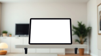 Sleek laptop displaying blank screen on a modern shelf, perfect for showcasing digital content.