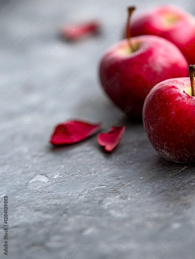 Leinwandbilder three fresh red apples with petals on slate surface creating a rustic kitchen scene : generative ai