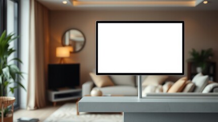 Fototapeta premium Blank screen monitor stands prominently in a bright, cozy living room, creating a focal point for media.